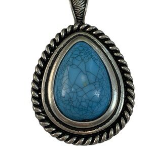 Turquoise Teardrop Pendant – Silver Tone Rope Twist Bezel, Southwest Style